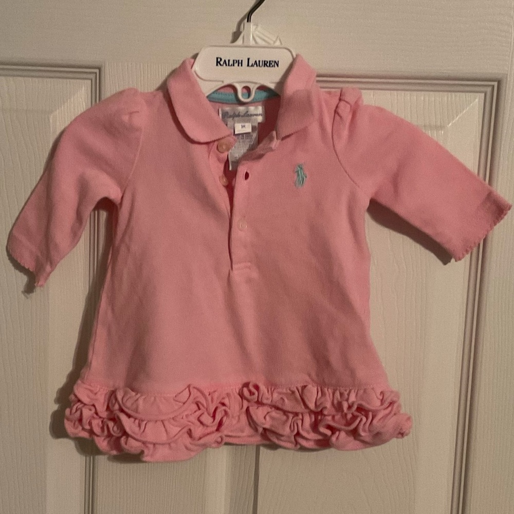 Infants Pink 3 month Long Sleeve Polo with Ruffle Bottom
